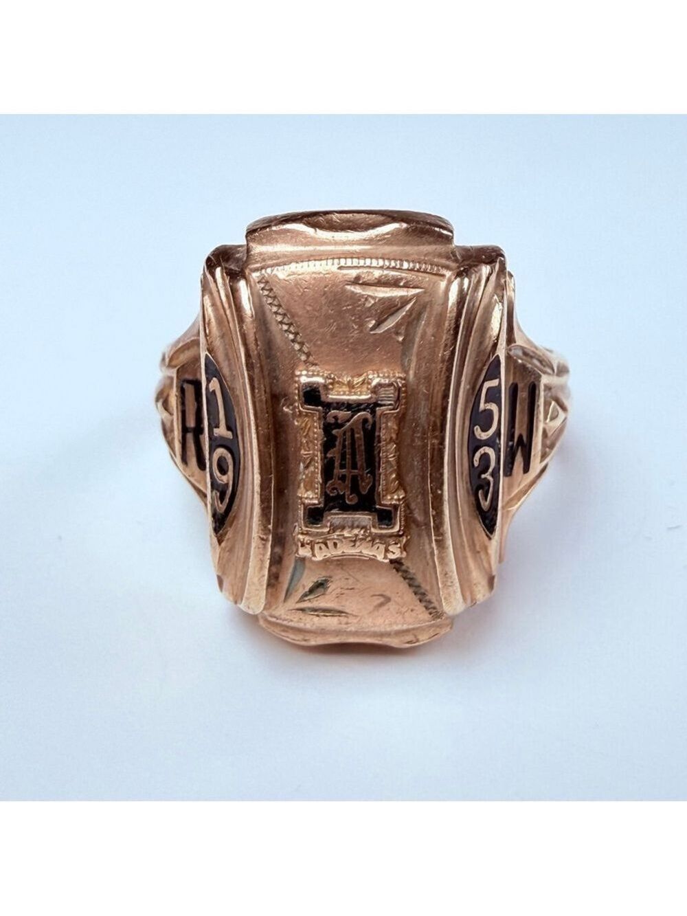10K Solid Yellow Gold Herff Jones 1953 Mid Century Black Enamel Class VTG Ring